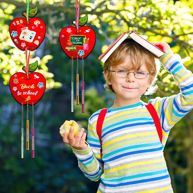 Fennoral 9 Pack Wind Chime Kit for Kids Make Your Own Apple Wind Chime for Girls Boys Back to School Craft DIY Paint Apple Craft for First Day of School Ornaments Classroom Decoration Art Activity
