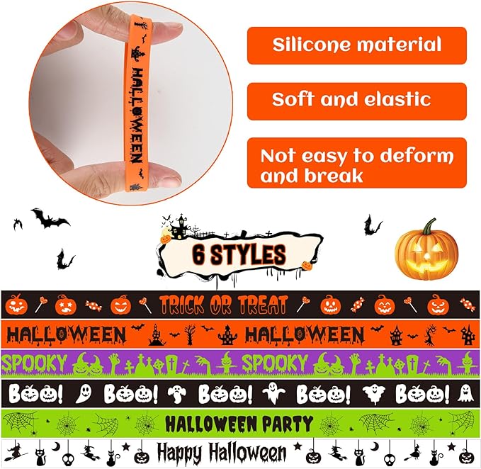 NEBURORA 24 Pcs Halloween Rubber Bracelets Silicone Wristbands Halloween Party Favors Trick or Treat Gifts Goodie Bag Stuffers