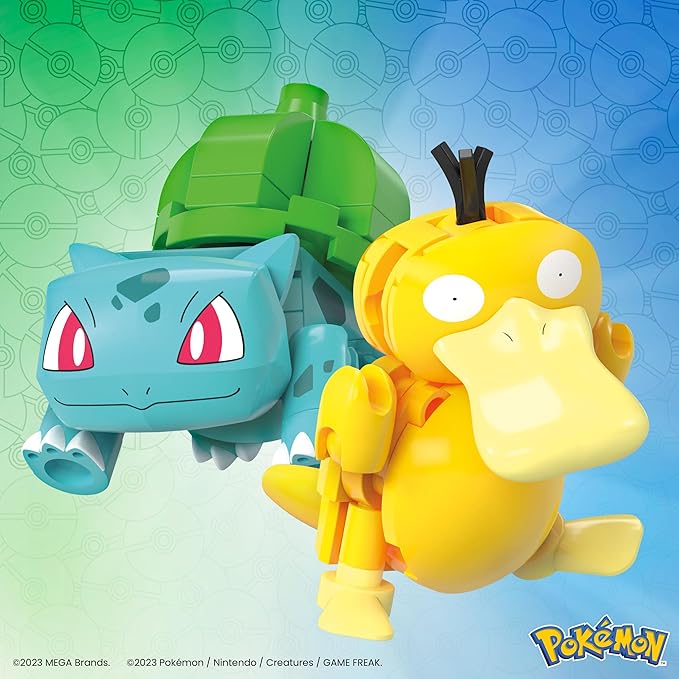 Mega Pokémon Building Toys Set Bulbasaur & Psyduck with 63 Pieces, 2 Poseable Characters and Poké Ball, 2 Inches Tall, for Kids