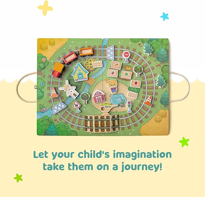 Bimi Boo 26-Piece Wooden Take-Along Tabletop Railroad Play Set for Toddlers - Premium Wood Railway Set for Kids 3+ Year Old - Magnetic Train Kit for Pretend Play - Includes Carry Case with Handle