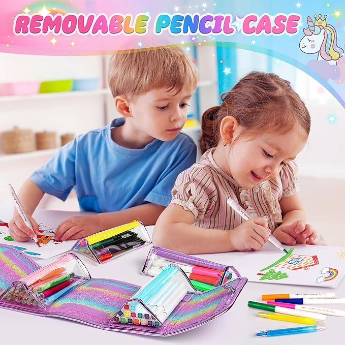beefunni Unicorn Markers Set for Kids, Arts Supplies 67 pcs with Glitte Pencil Case and Strap, Birthday Gift for Girls 4 5 6 7 8 Years Old, Arts and Crafts Coloring Set for Kids 4-8