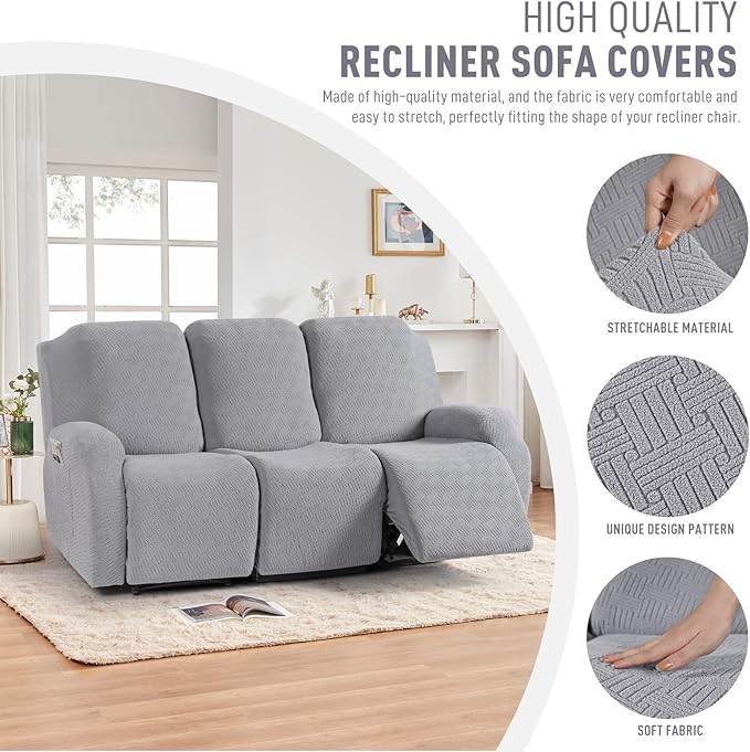 KinCam Recliner Covers, Stretch Reclining Chair Covers, Recliner Sofa Slipcovers Stripe Jacquard Recliner Couch Covers Furniture Protector Covers for Pet Kid (3 Seater, Silver Gray)