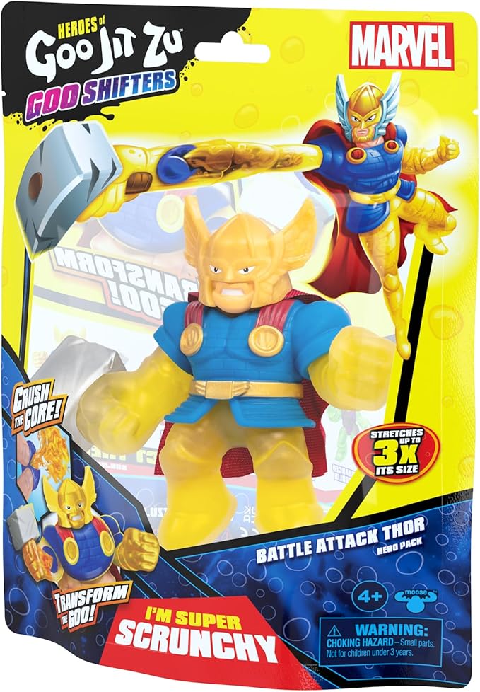 Heroes of Goo Jit Zu Goo Shifters Marvel Edition Stretchy Hero Battle Attack Thor | Super Scrunchy Marvel Toy Figure | Crush The Core | Transform The Color of The Goo | Stretches Up to 3X Its Size