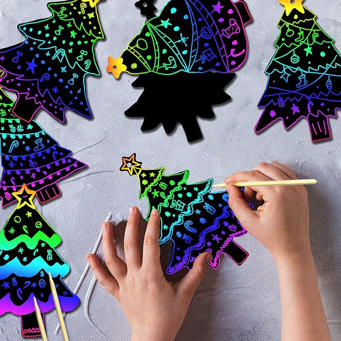 72Pcs Christmas Tree Scratch Paper Rainbow Color Scratch Ornaments Christmas Decorations Hanging Craft Art Kits with Wooden Stick and Ribbon for Kids Christmas Winter Party Favors