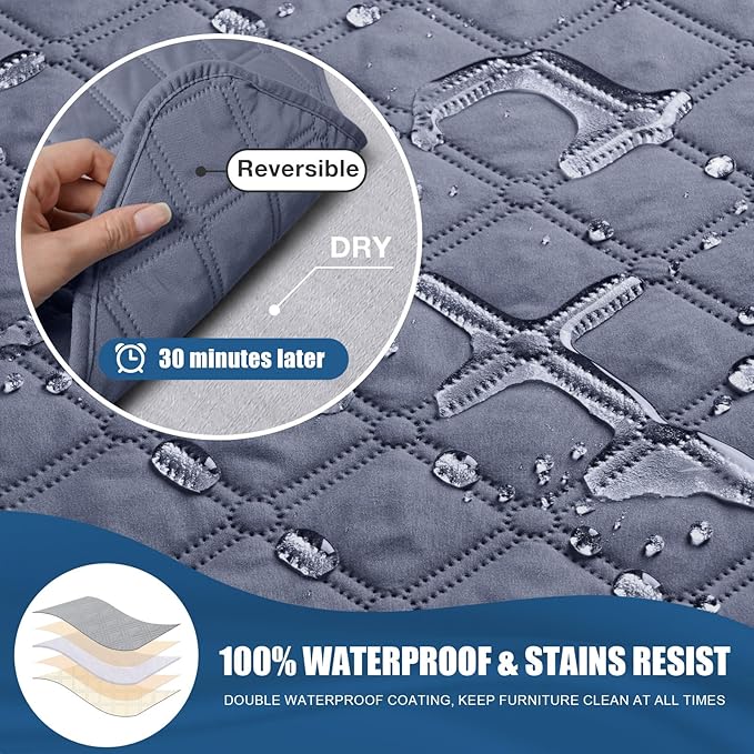 TAOCOCO 100% Waterproof Recliner Covers, Recliner Sofa Covers with Leg Straps, Reversible Recliner Couch Cover for Reclining Chair, Washable Couch Protector for Pets Kids(2 Seater, Bluish Gray)