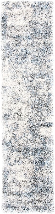 SAFAVIEH Berber Shag Collection Runner Rug - 2' x 10', Ivory & Blue, Modern Abstract Design, Non-Shedding & Easy Care, 1.2-inch Thick Ideal for High Traffic Areas in Living Room, Bedroom (BER274B)