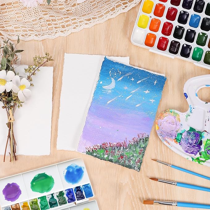 50 Sheets Watercolor Paper 6 x 8inch, 300 GSM Deckled Edge Paper Rough/Textured Handmade Paper Cotton Paper for Watercolors, Wedding Invitations, Cards, Crafts