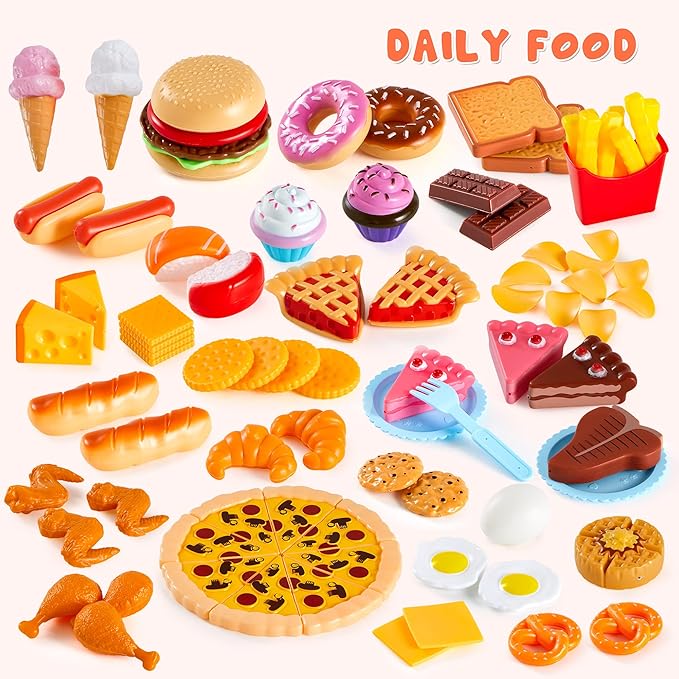 JOYIN 200 Pieces Kids Play Food Toy, Deluxe Pretend Play Set, Kids Kitchen Accessories with Realistic Colors, Toddler Birthday Gift, Party Toys
