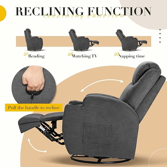 Recliner Chair, 360° Swivel Rocker Chair for Adults, Rocking Recliner Chair with Massage, Comfy Single Sofa with Side Pockets Cup Holders for Living Room, Bedroom, Nursery (Fabric, Gray)