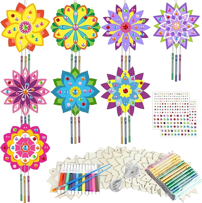 gisgfim 16 Pack Lotus Flower Wind Chime Crafts Kits for Kids Make Your Own Mandala Wind Chime Wooden DIY Arts and Crafts Decoration for Xmas Party School Classroom Decorations Supplies Birthday Favors