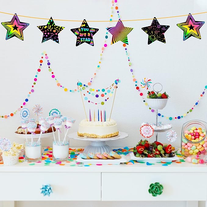 WATINC 60pcs Star Scratch Cards for Magic Color Craft Kit DIY Paper Art Scratch Star Ornament for Kids School Classroom Party Favor Supplies Decorations