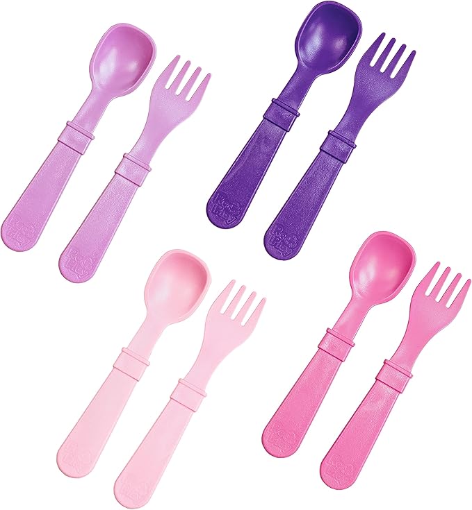 Re-Play Made in USA Toddler Forks and Spoons, Pack of 8 Without Carrying Case - 4 Kids Forks with Rounded Tips and 4 Deep Scoop Toddler Spoons - 0.2" Thick Toddler Utensils, Princess
