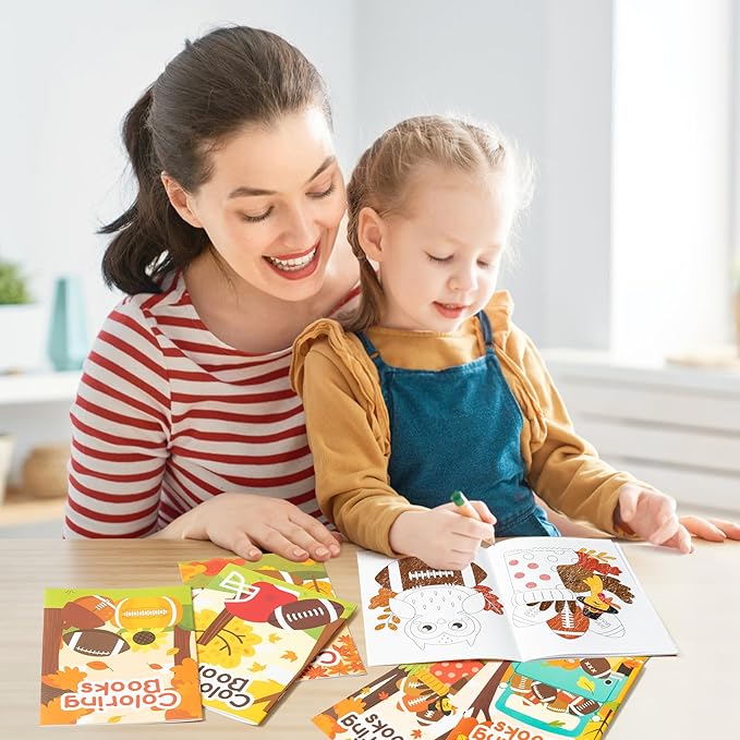 Dvbonike 24Pcs Fall Football Coloring Books Thanksgiving DIY Color-in Pages Maple Leaves Pumpkin Turkey Drawing Booklet Party Favors Gifts Home Classroom Art Activity Supplies for Kids Toddlers