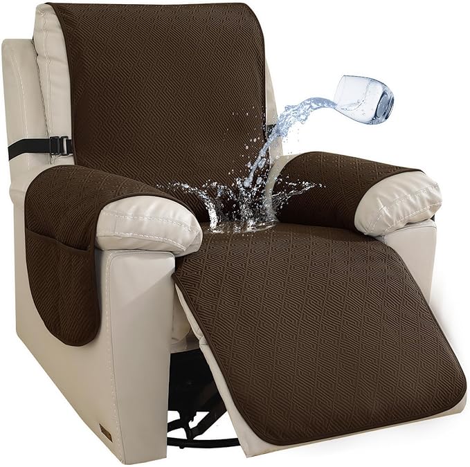 Easehomey Waterproof Large Recliner Chair Cover, Non-Slip Recliner Cover with Two Pockets Elastic Band Slip Covers for Recliners with Arms Washable Reclining Chair Cover for Kids,Pets (Coffee, 28")