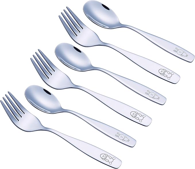 Exzact Children Flatware 6pcs - 3 x Forks, 3 x Spoons - Toddler Utensil Kids Silverware Cutlery Stainless Steel - Dishwasher Safe