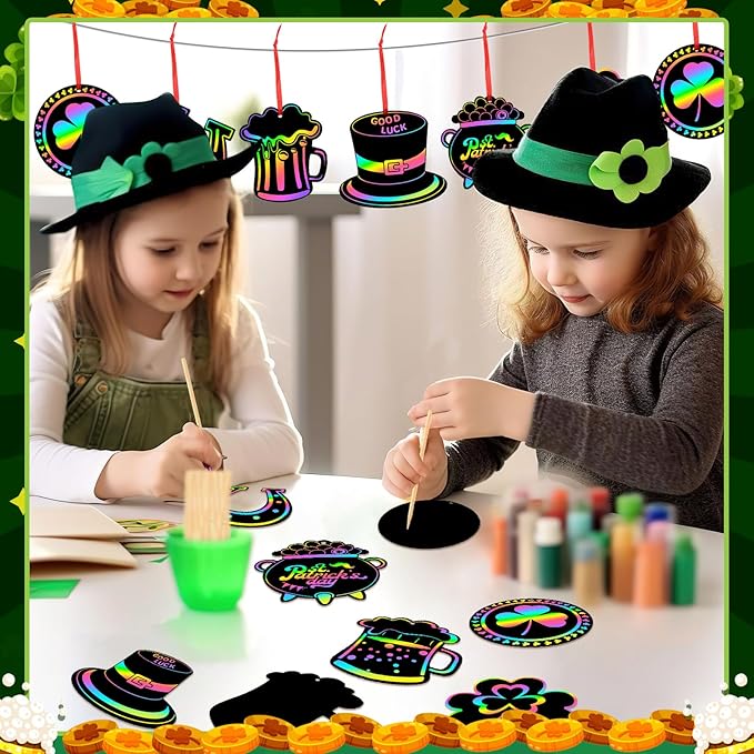 JULMELON 36 PCS St Patricks Day Scratch Art for Kids, St. Patrick’s Day Crafts for Kids Rainbow Color Magic Scratch Paper Cards Shamrock Hanging Ornaments DIY Crafts Decorations Party Favors