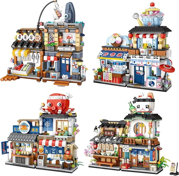 Japanese Street View Shop Building Blocks House Toy, New 4 Models Mini DIY Building Blocks Model MOC Construction Toy, Gift for 6-12 Years Old Kid Girls and Boys