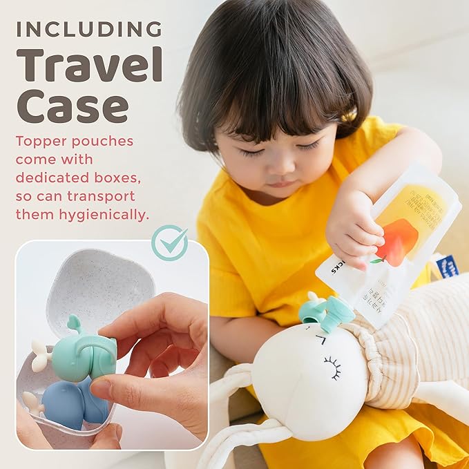 Whale SoftSip Food Pouch Topper | 2EA + Travel Case | Prevent Spills & Leakage | Protect Child Baby Toddler Mouth | Food Grade Silicone Reusable | Baby Led Weaning | BPA Free| Mint+Blue