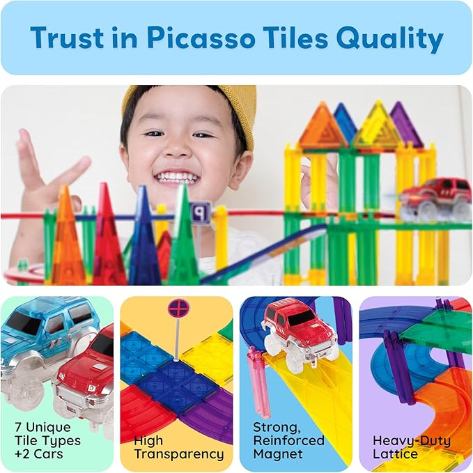 PicassoTiles 100 PCs Race Car Track Set Magnetic Toy Building Block with 2 LED Cars with Height Adjustable Roads Signs Education STEM Building Kit Learning Construction Fun for Boys & Girls Ages 3+