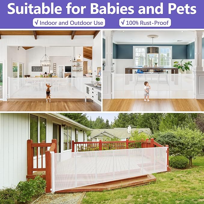 Newly Enhanced - 42" Tall × 120" Extra Wide Retractable Baby Gate Keeps Pets from Getting Under Tall Dog Gate, Indoor/Outdoor Tall Baby Gates for Dogs, Retractable Dog Gate for Large Openings, White
