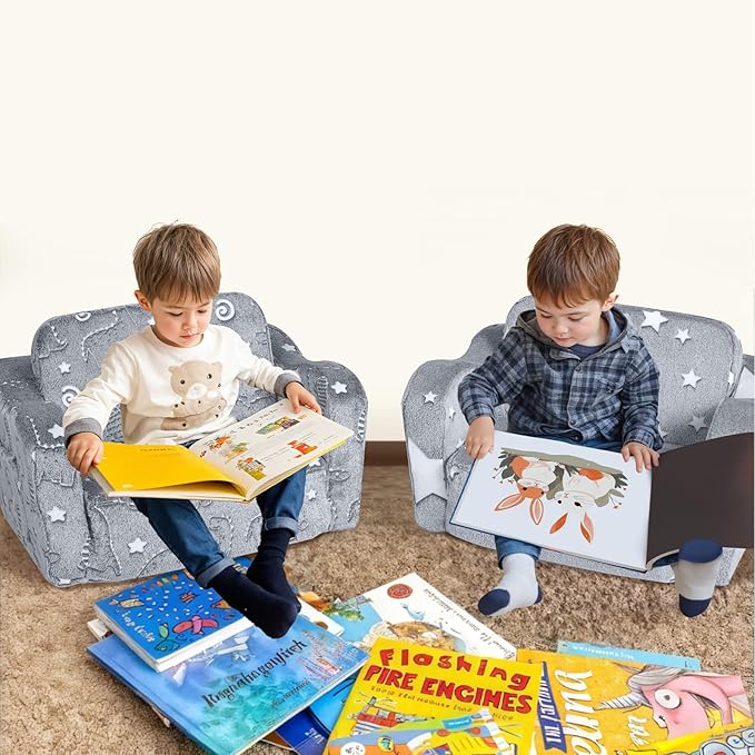 MeMoreCool Kids Dinosaur Couch, Foldable Toddler Chair, Glow in The Dark Convertible Sofa Bed, Fold Out Lounge for Boys Ages 1-3 in Playroom, Comfy Recliner Lounger (Grey)