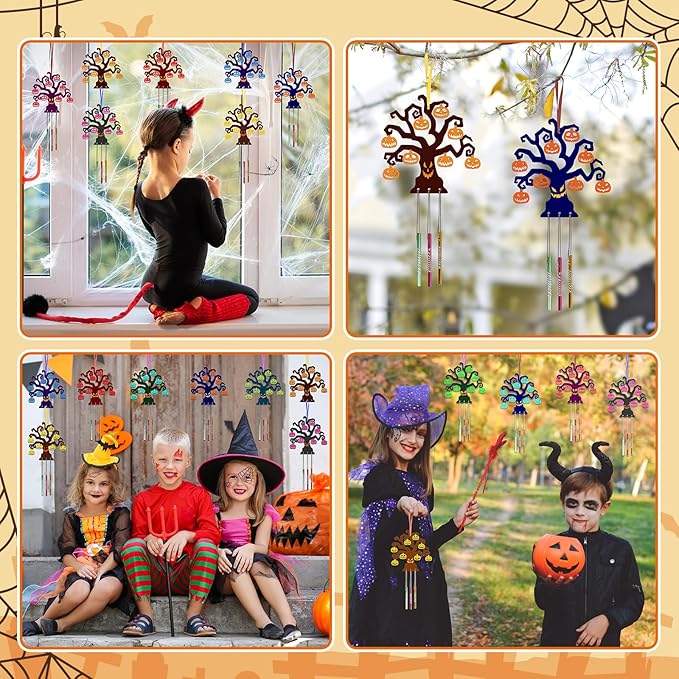 Fennoral 9 Pack Halloween Tree Wind Chime Kit for Kids Make You Own Wind Chimes Wooden Arts and Crafts DIY for Girls Boys Coloring Halloween Hanging Ornaments Halloween Party Decorations