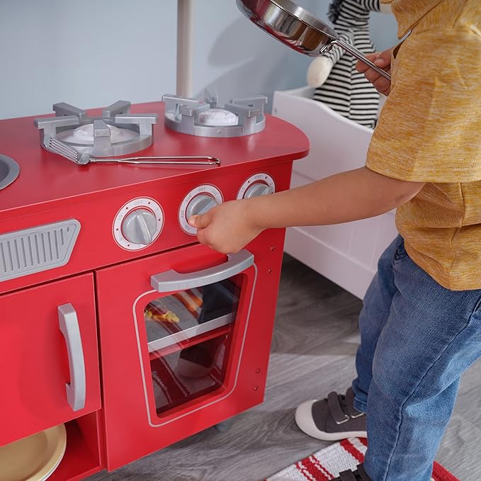 KidKraft Red Vintage Wooden Play Kitchen with Stainless Steel-Look Trim, Play Phone