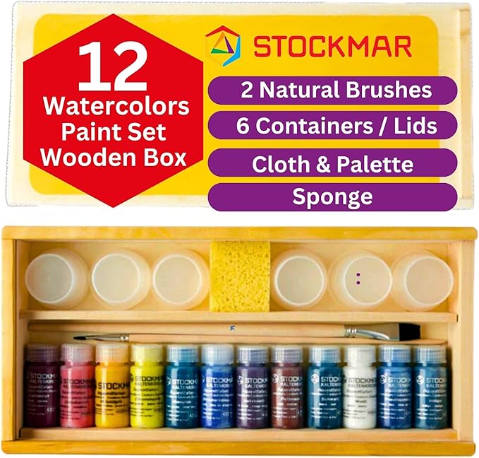 Stockmar Complete Watercolor Paint Set - 12 Colors, in Wooden Storage Box, Includes 2 Natural Brushes, 6 Containers, Cloth, Palette, Sponge, Waldorf Art Supplies