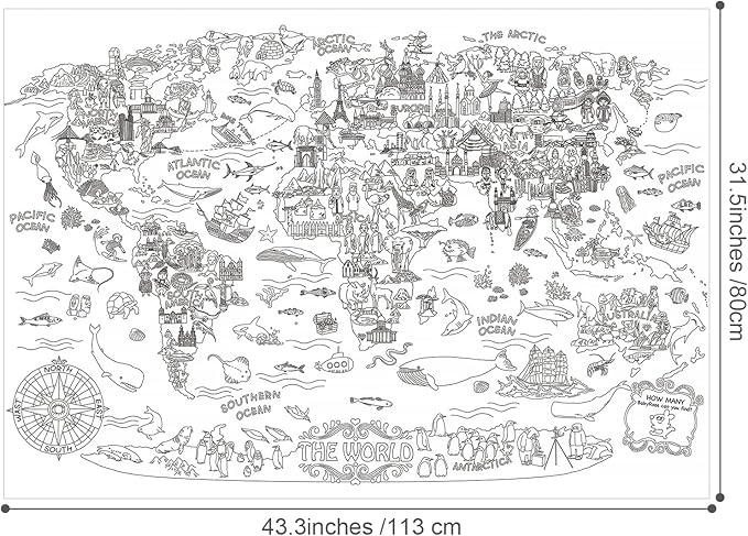 Jar Melo Giant Coloring Poster for Kids; World Map Jumbo Wall Coloring Poster, 45.3 x 31.5 Inches, Large Tablecloth Birthday Gifts for Class School Home Decorations