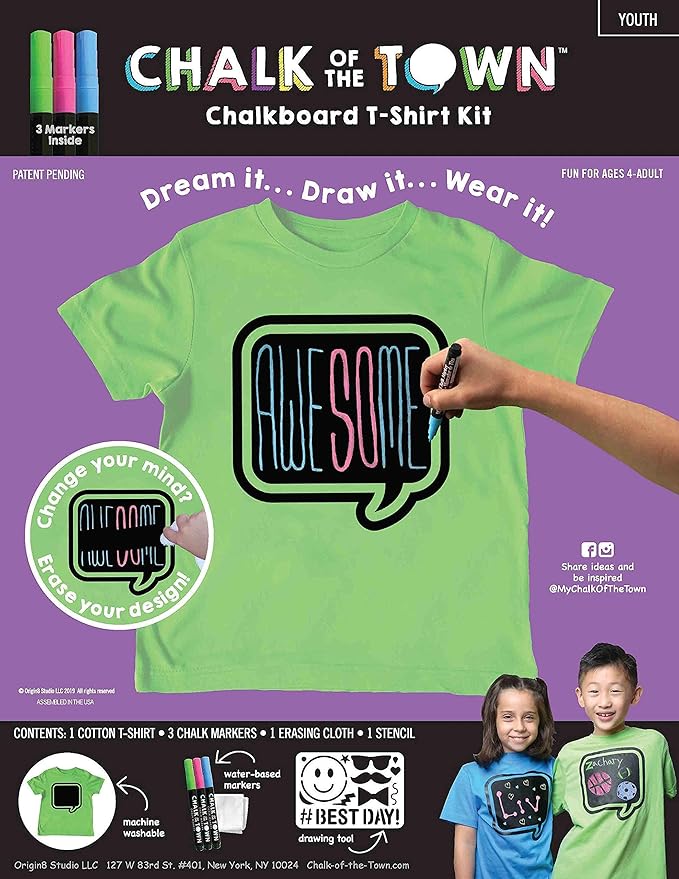 Green Speech Bubble Chalkboard Short Sleeve T-Shirt Kit for Kids with 3 Markers and 1 Stencil (Youth Medium)