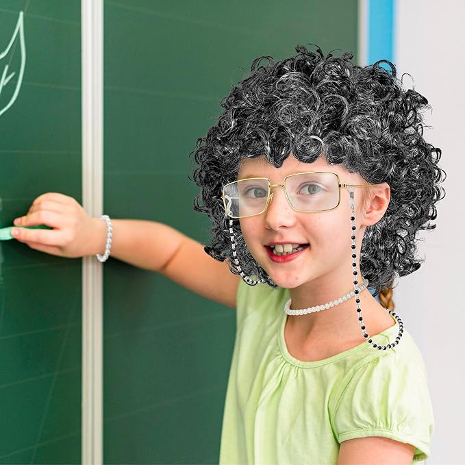Old Lady Costume for Kids, Dark Gray Curly Wig Glasses Wig Cap Pearl Necklace Bracelet for 100 Days of School Costume