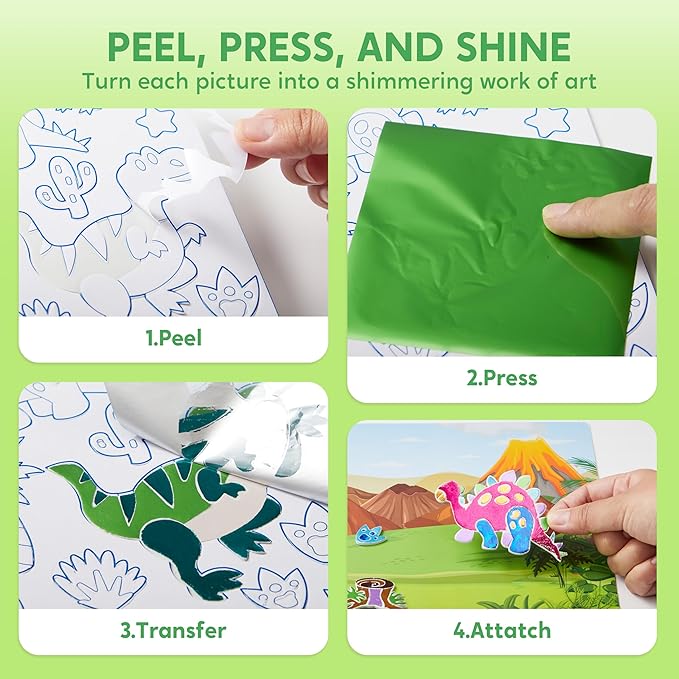 Klever Kits Foil Art Kit for Kids - Arts & Crafts Supplies, Mess Free Coloring, Dinosaur Foil Foam Stickers, Creative Travel Toys, Birthday Gifts for Boys & Girls Ages 4 and Up