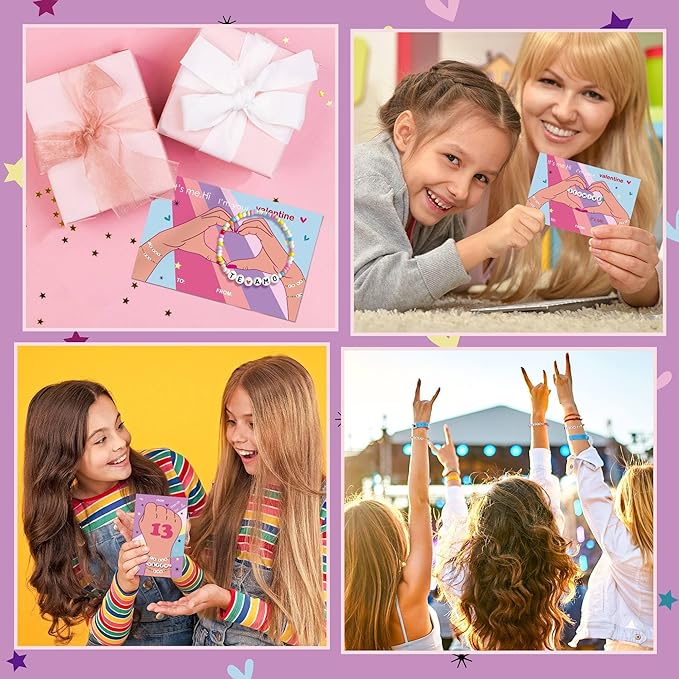 Valentines Day Cards for Kids School - 28 Pack Kids Taylor Friendship Valentines Cards, Valentines Bracelets, Valentines Day Gifts for Girls, School Classroom Valentines Day Exchange Gift