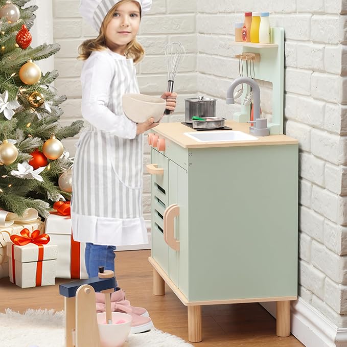 Play Kitchen for Kids, Wooden Toy Kitchen with Cookware Accessories, Chef Pretend Toddler Kitchen Playset, Best Gift for Girls & Boys Ages 3+