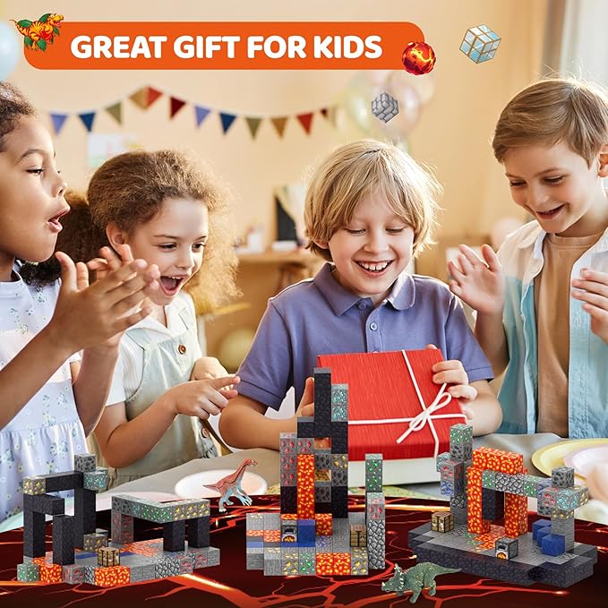 Magnetic Blocks 110PCS with 6 Animal Toys, Volcano Building Blocks Set, Toys for Boys & Girls Age 6-8, Stacking Building Toys for Toddlers Sensory Toy for Kids 6+