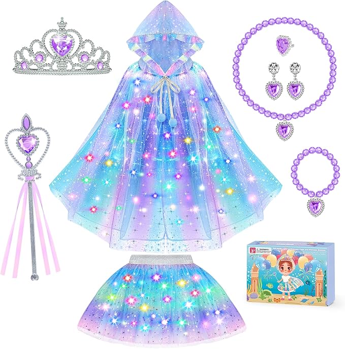Princess Dress Up for Girls, Light up Princess Cape Princess Dress Costume Crown Wand Gifts for Toddler Girls 3 4 5 6