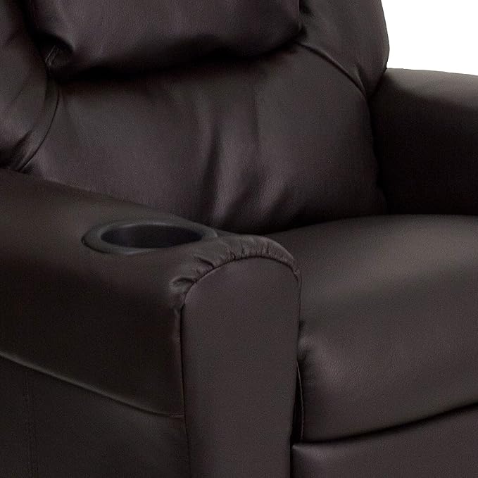 Flash Furniture Vana LeatherSoft Kids Recliner with Cup Holder, Headrest, and Safety Recline, Contemporary Reclining Chair for Kids, Supports up to 90 lbs., Brown