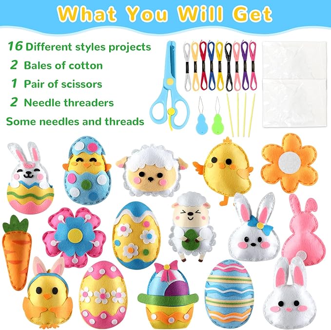 ZOIIWA 16 Sets Easter Felt Craft Kit Art and Crafts for Kids Egg Rabbit Sewing Kit Easter Craft DIY Kit for Beginners Easter Party Favors for Family School Classroom Party Supplies for Boys and Girls