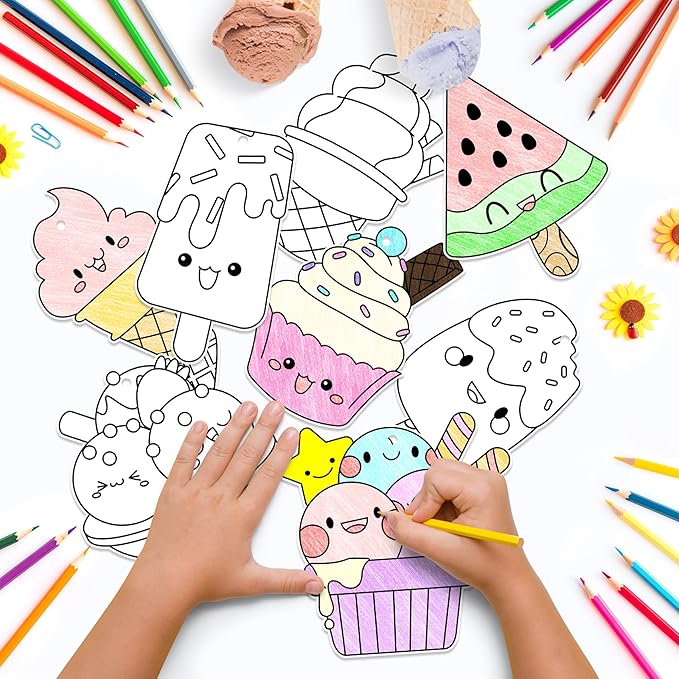 JAPBOR Ice Cream Coloring Craft - 83PCS Summer Ice Cream Themed Party Activities Game Kits for Kids, Color Your Own DIY Desserts Art Cards Hanging Ornament, Draw Paper Book School Activity Party Favor