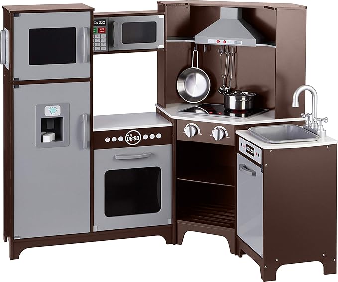 Amazon Basics Kids Corner Wooden Kitchen Toy Playset with Stove, Oven, Sink, Fridge and Accessories, for Toddlers, Preschoolers, Children Age 3+ Years, Espresso/Gray, 39.37"L x 28.35"W x 35.04"H
