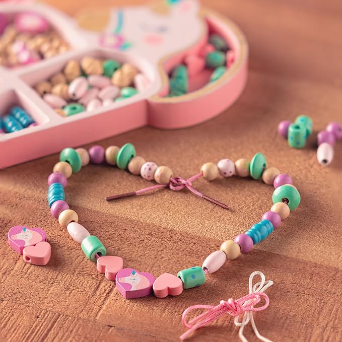 Stephen Joseph, Wooden Holiday Bead Kit for Kids, 125 Wooden Beads with 4 Necklace and 4 Bracelet Cords with Reusable Wooden Tray, Premium Wood Jewelry Making Kit for Kids, Reindeer