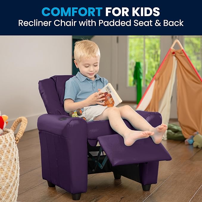 Flash Furniture Vana Vinyl Kids Recliner with Cup Holder, Headrest, and Safety Recline, Contemporary Reclining Chair for Kids, Supports up to 90 lbs., Purple