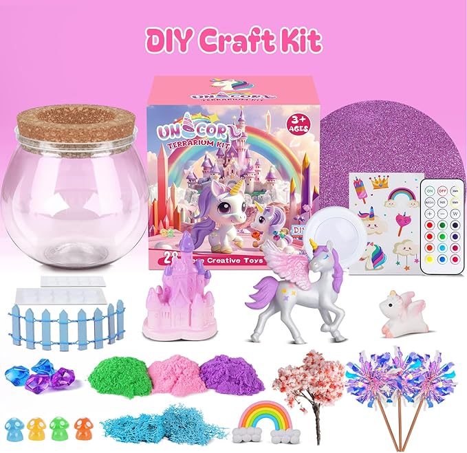 Uni-Corn Terrarium Kit Toys for Girls - Birthday Christmas Gift for Girls Ages 4 5 6 7 8-12 Year Old - Light Up DIY Uni-Corn Arts and Crafts for Kids