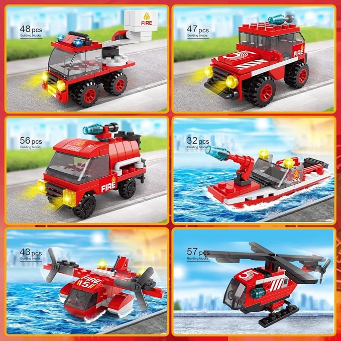 FUN LITTLE TOYS 12 Boxes Fire Rescue Vehicles Mini Building Blocks Party Favors for Kids 8-12, Car Building Kit, 3D Assembly Cars for Easter Eggs Empty, Kids Prizes in Bulk for School