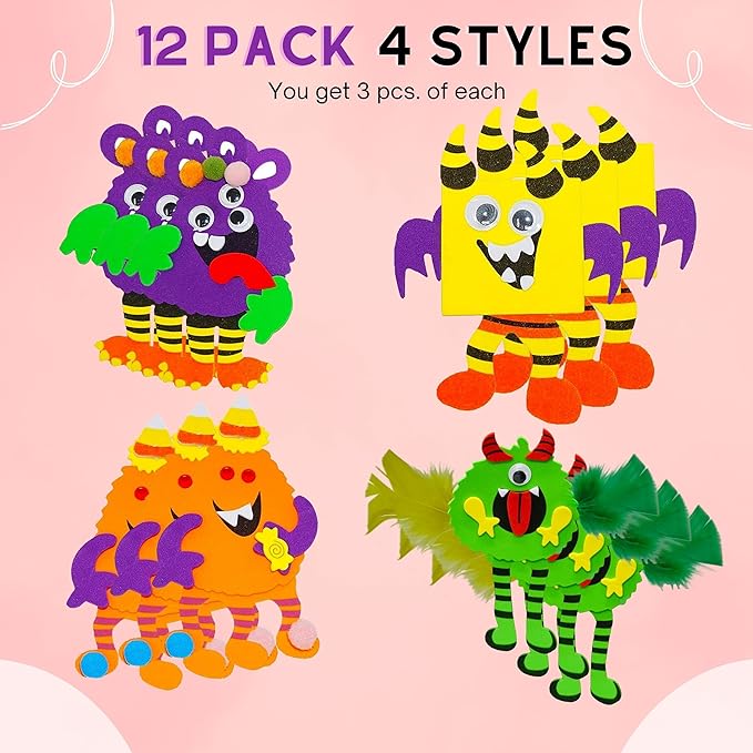 4E's Novelty Halloween Crafts for Kids (12 Pack) Silly Monsters Foam Magnet Fall Crafts for Kids Bulk, Halloween Party Activities for Kids Ages 3-5, 4-8