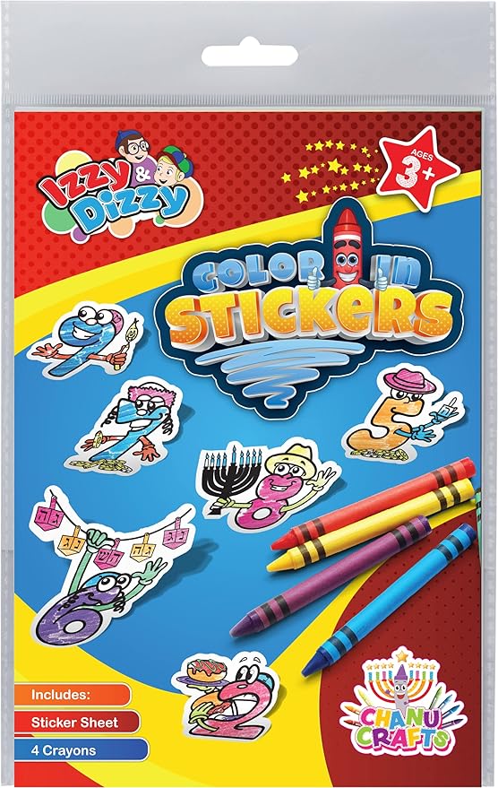 Izzy 'n' Dizzy Hanukkah Color-in Stickers Art Kit - Includes 8" x 6" board and 4 Crayons - Chanukah Arts and Crafts - Gifts and Games