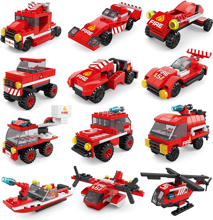 FUN LITTLE TOYS 12 Boxes Fire Rescue Vehicles Mini Building Blocks Party Favors for Kids 8-12, Car Building Kit, 3D Assembly Cars for Easter Eggs Empty, Kids Prizes in Bulk for School