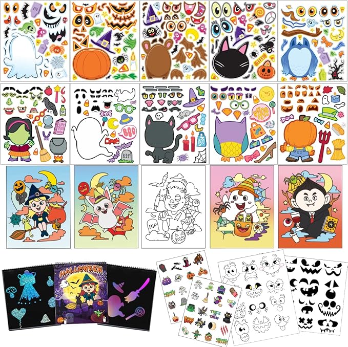 JOYIN 20 Pcs Make-a-face Sticker Sheets Make Your Own Halloween Characters Mix and Match Sticker Sheets, Bonus with Coloring Sheets, 10 Scratch Cards, 8 Sticker Sheets, Halloween Party Favor Supplies