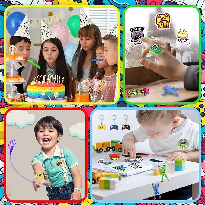 Video Game Party Favors Video Game Theme Keychain Stickers Chest Badge Bracelet Ring for Level Up Party Birthday Party Classroom Rewards Supplies (Multicolor)