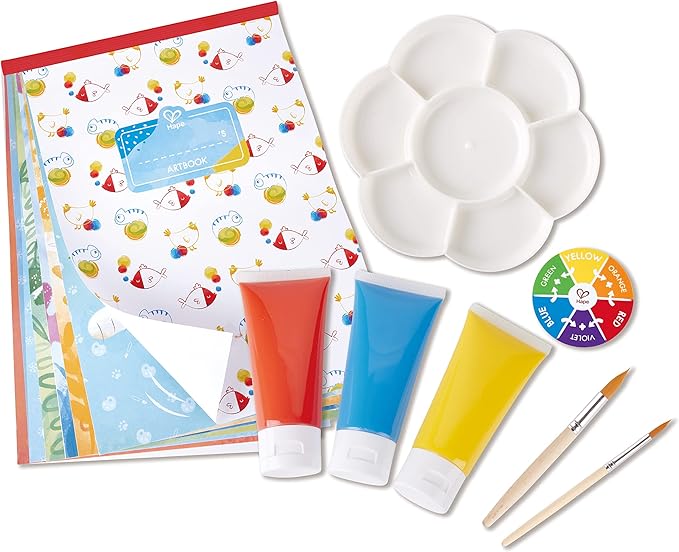 Hape Color Mix Painting - Activities and Art Supplies for Kids with Paint Set, Art Brushes, Paint Palette, Color Wheel, Binder Clip and A3 Activity Book - Art Kit for Children Ages 4 and Up